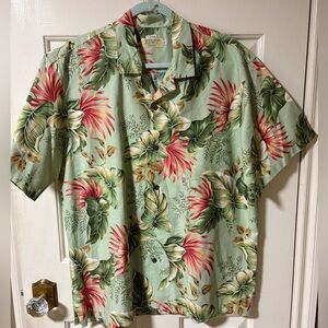 Newt Shirt Mens Large Green Hawaiian Floral Print Short Sleeve Cotton Split Hem